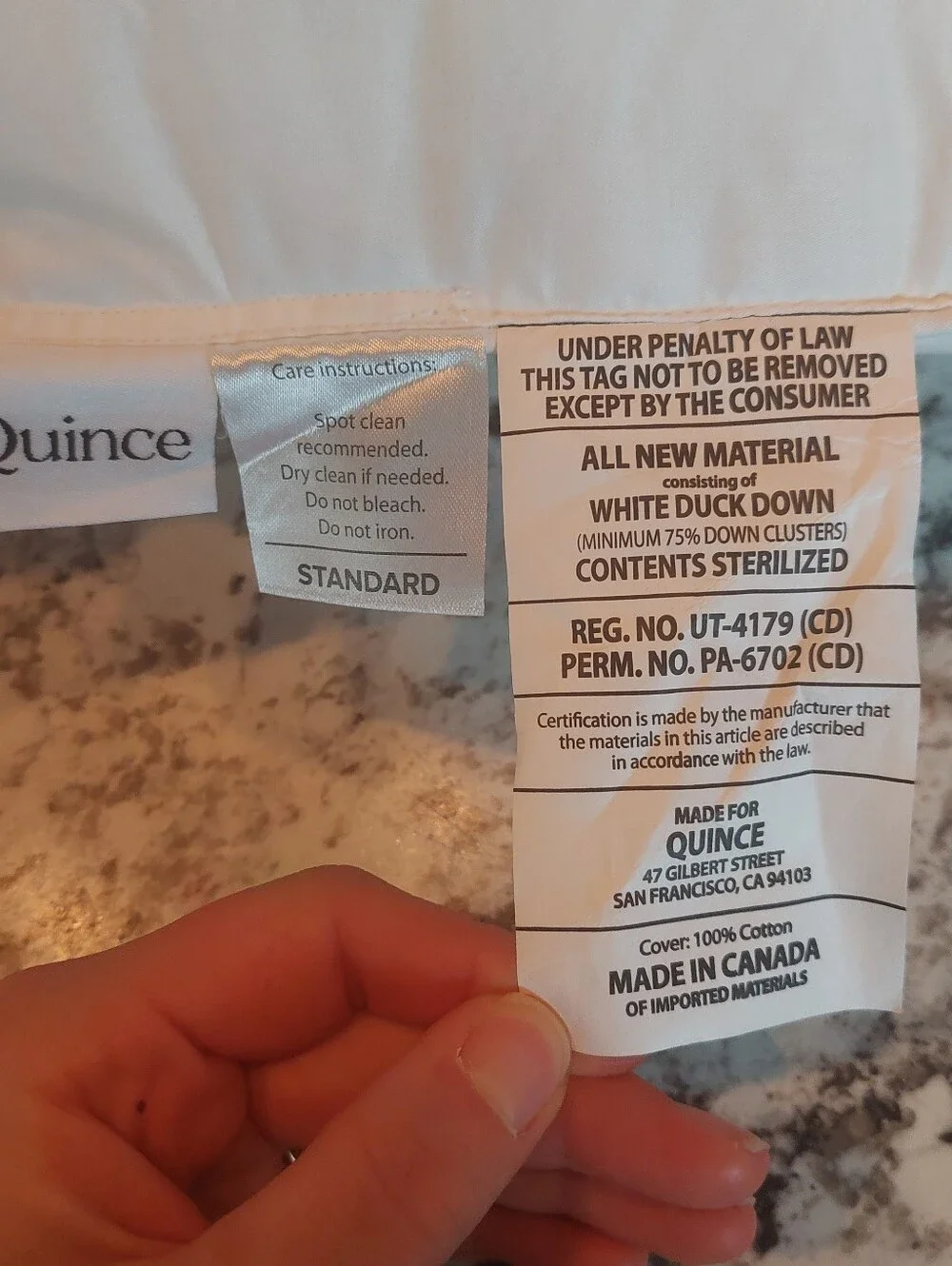 NWOT- Quince Standard White Duck Down Premium Pillow (Soft)(P48)